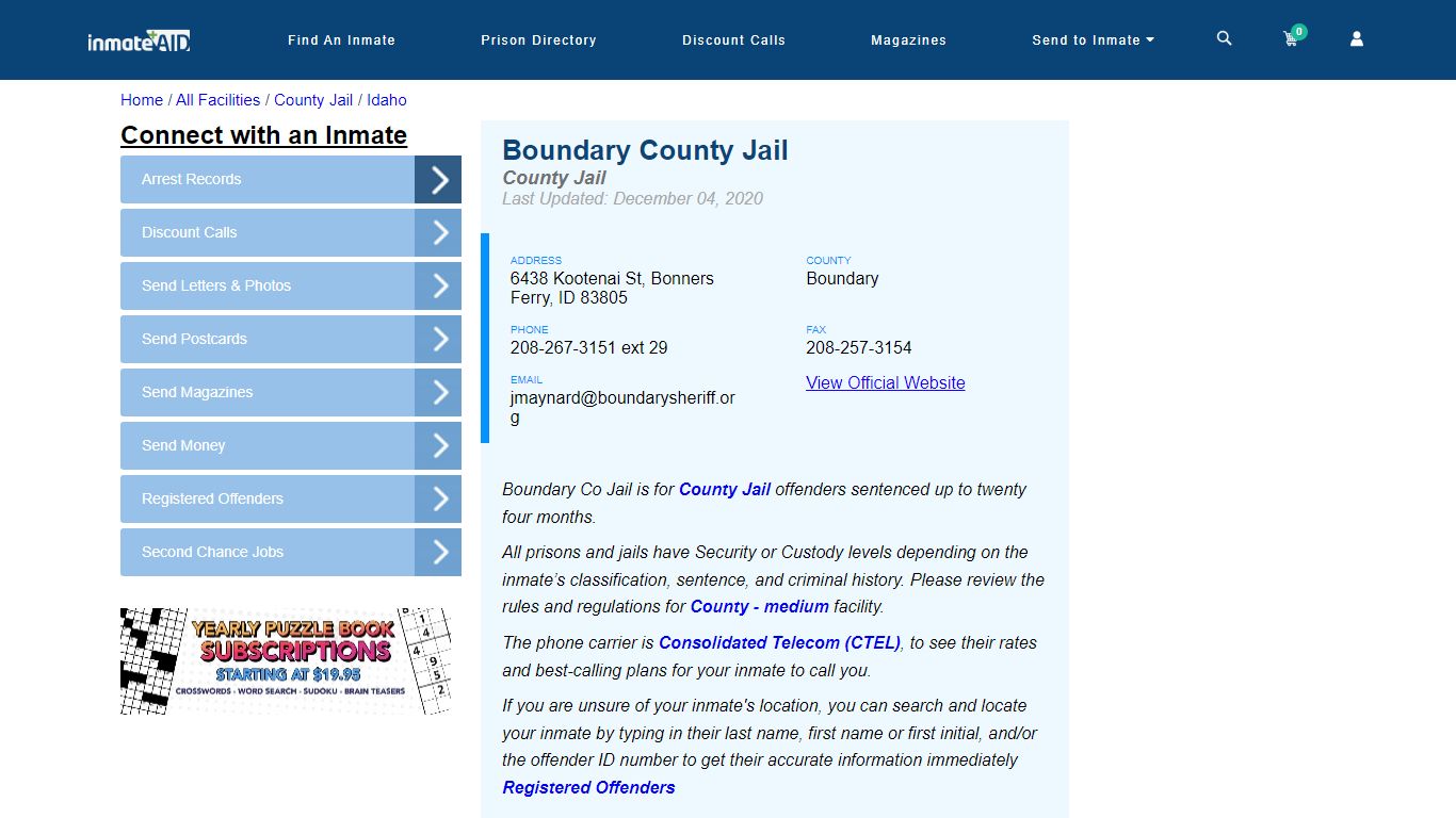 Boundary County Jail - Inmate Locator